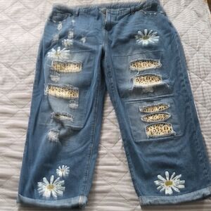 Distressed Blue Jeans with Floral and Leopard Accents Plus Size 4X (22)